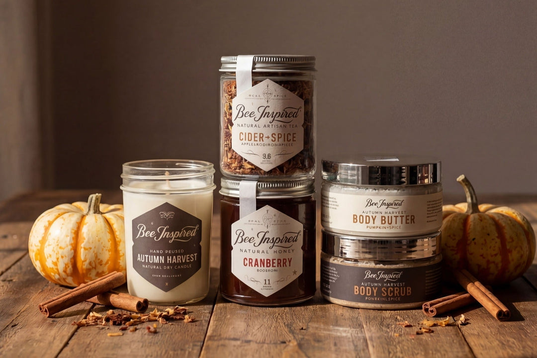 Collection of Bee Inspired products including candles and body scrubs on a wooden surface with pumpkins and cinnamon sticks.