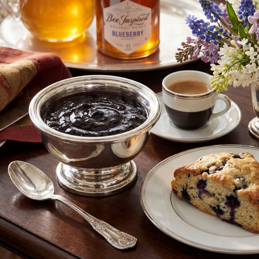 blueberry compote, blueberry scone, and blueberry honey in coffee