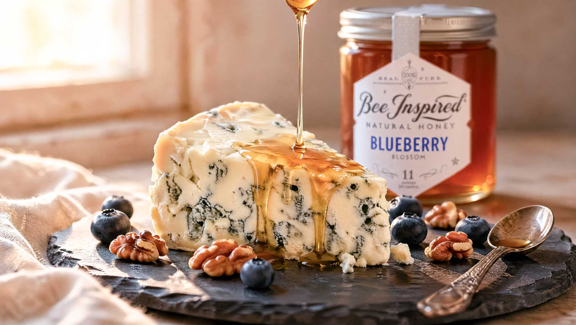 blueberry honey with bleu cheese fruit and nuts on slate