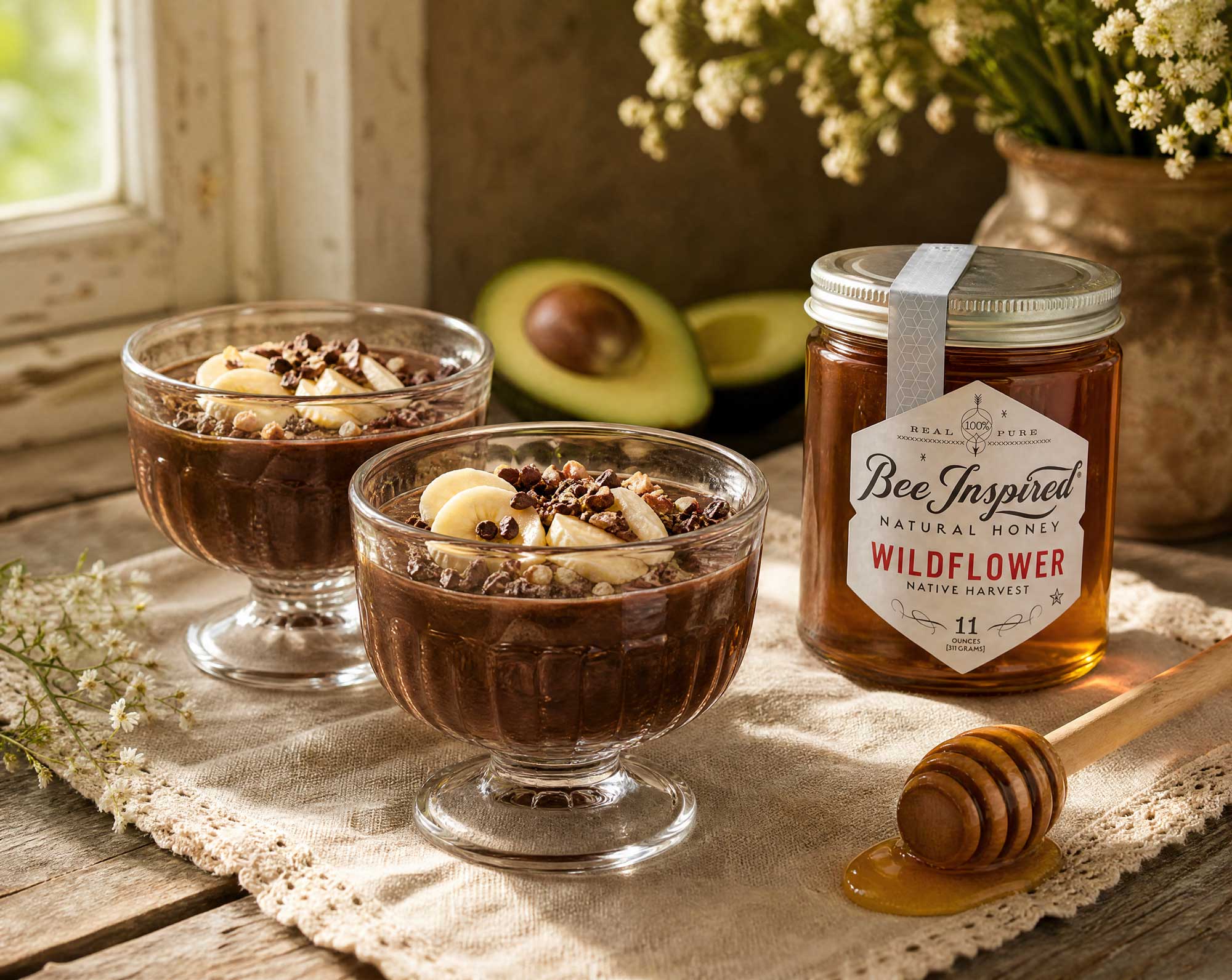 making chocolate pudding with avocado in two glass bowls with honey on wood