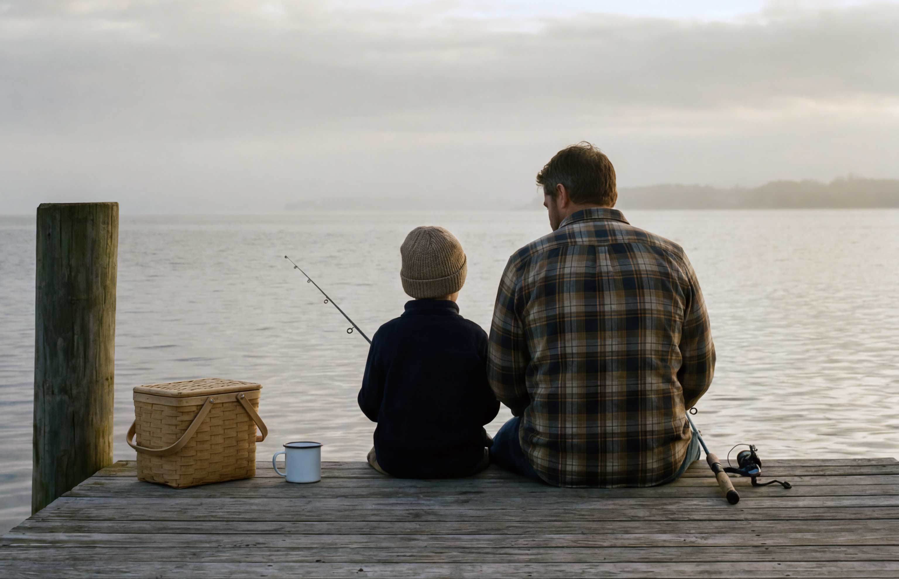 father and son fishing on doc