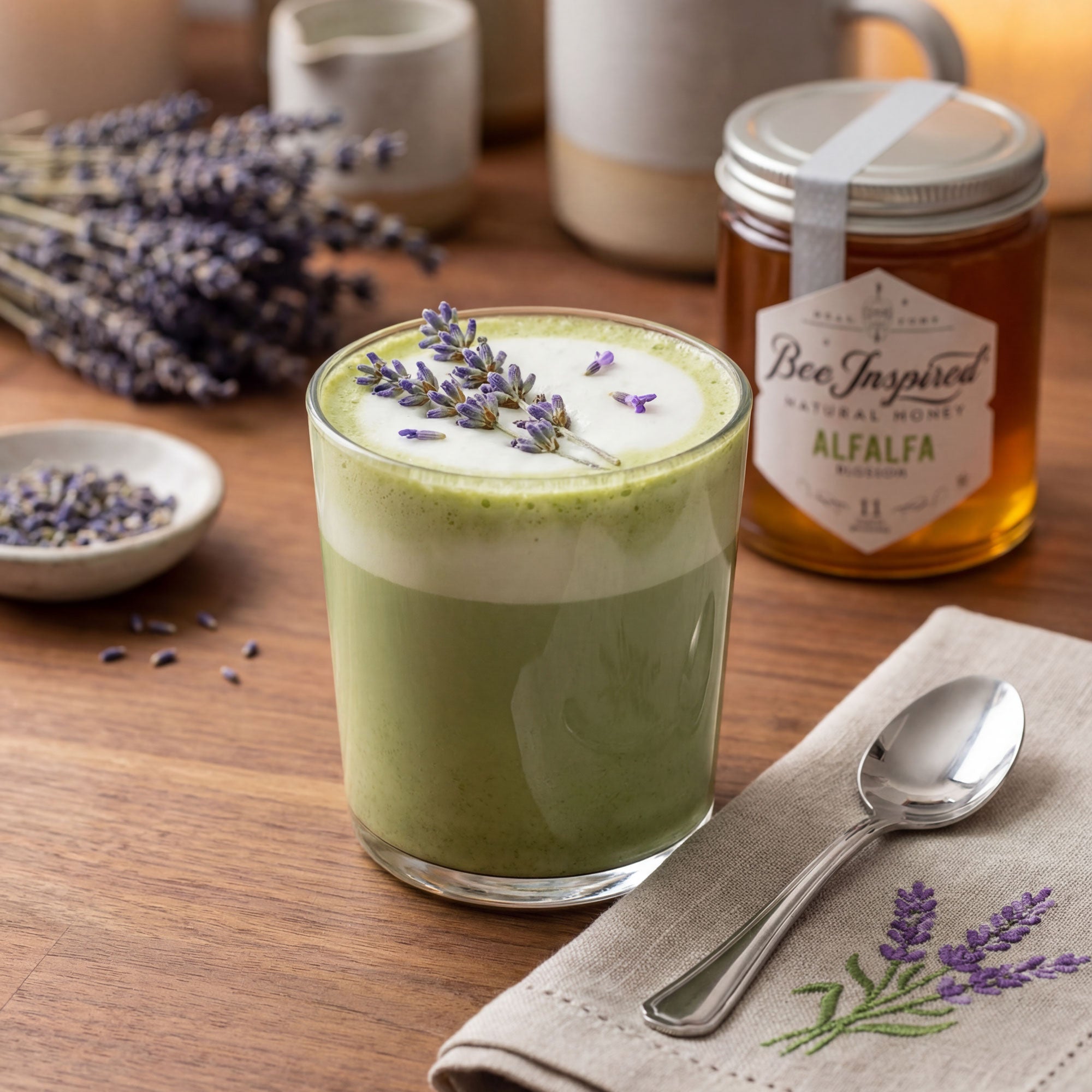 Honey Lavender Matcha Latte with Alfalfa Honey