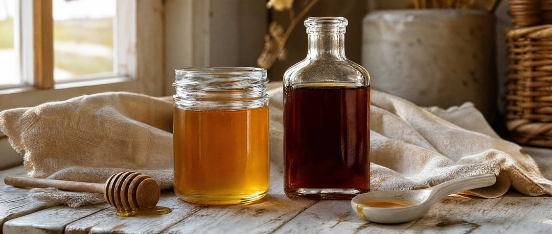 honey vs maple syrup hero on farm table