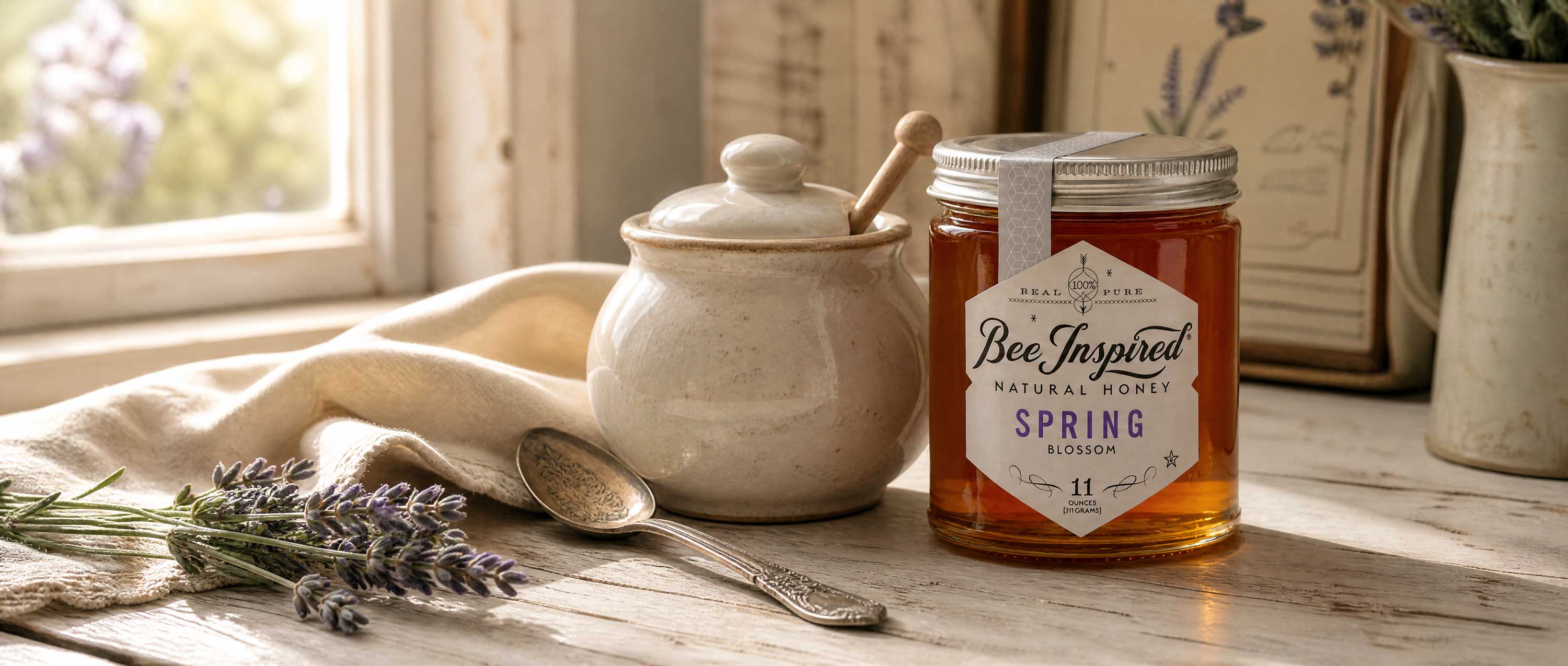 jar of spring honey and serving pot with linen and clipped lavender