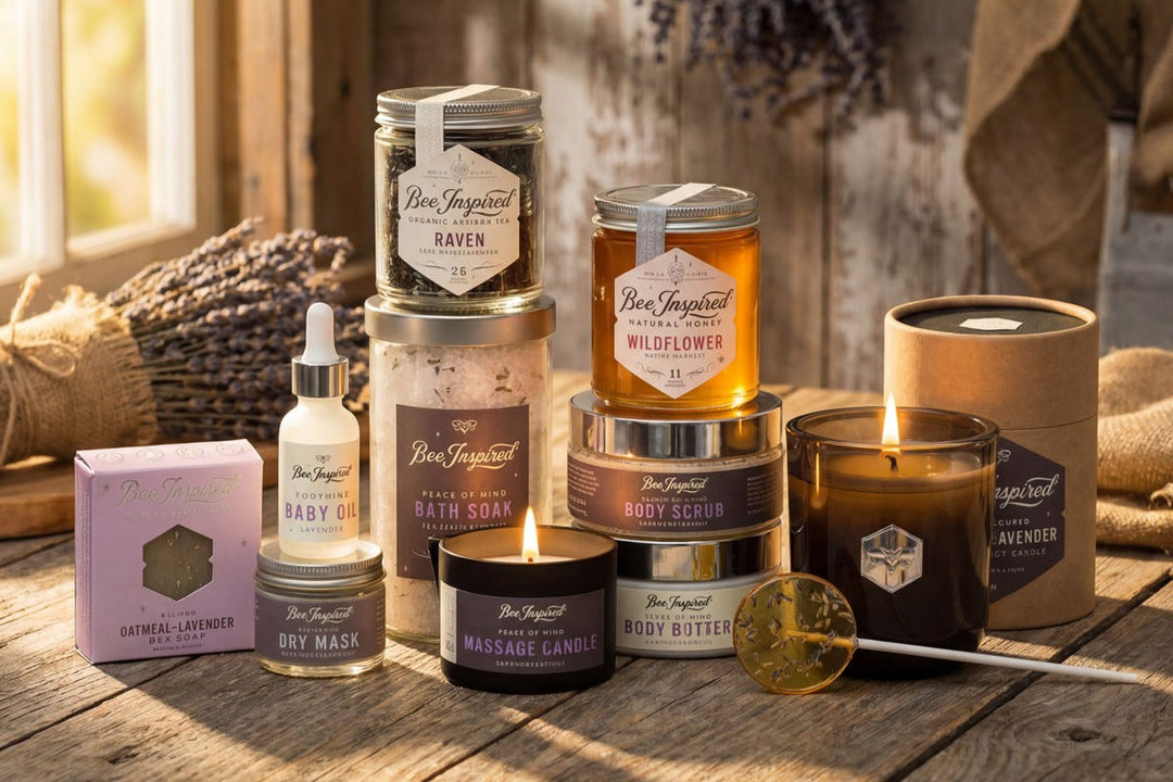Collection of Bee Inspired products in the Lavender Experience Gift Set including candles, soap, and body scrub on a wooden surface.
