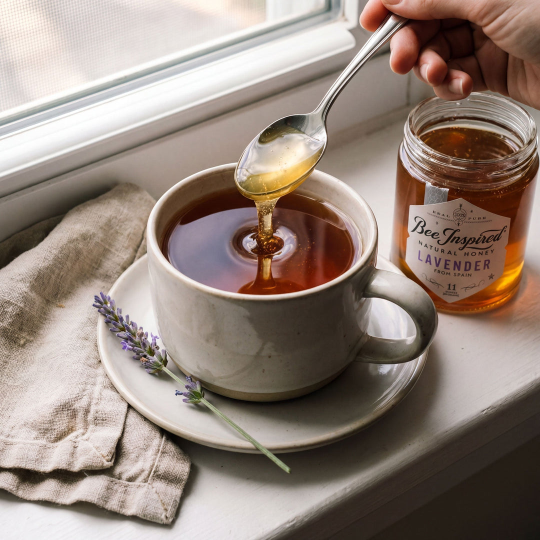lavender honey being poured into tea from a spoon