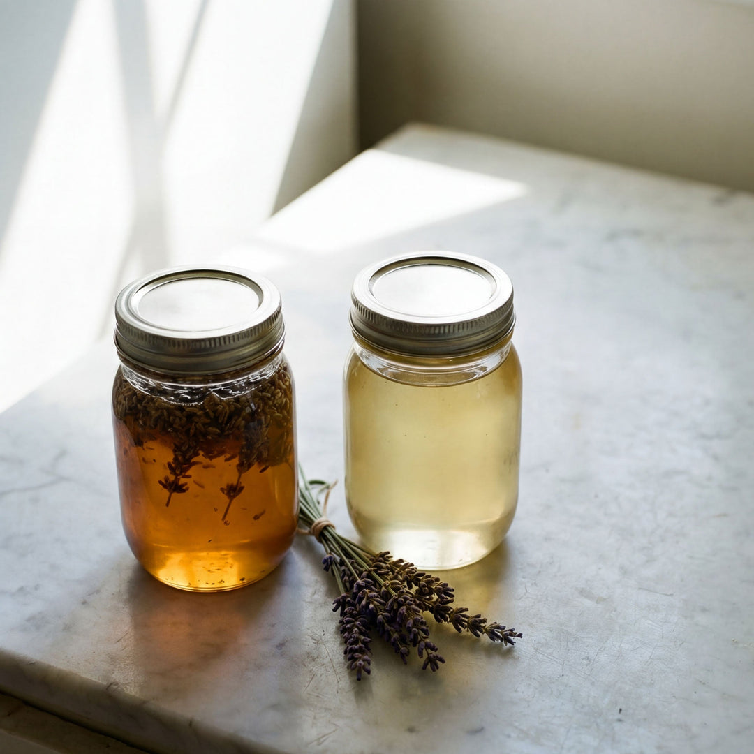 two jars of honey sit side by side, one dark with lavender pieces and one light.