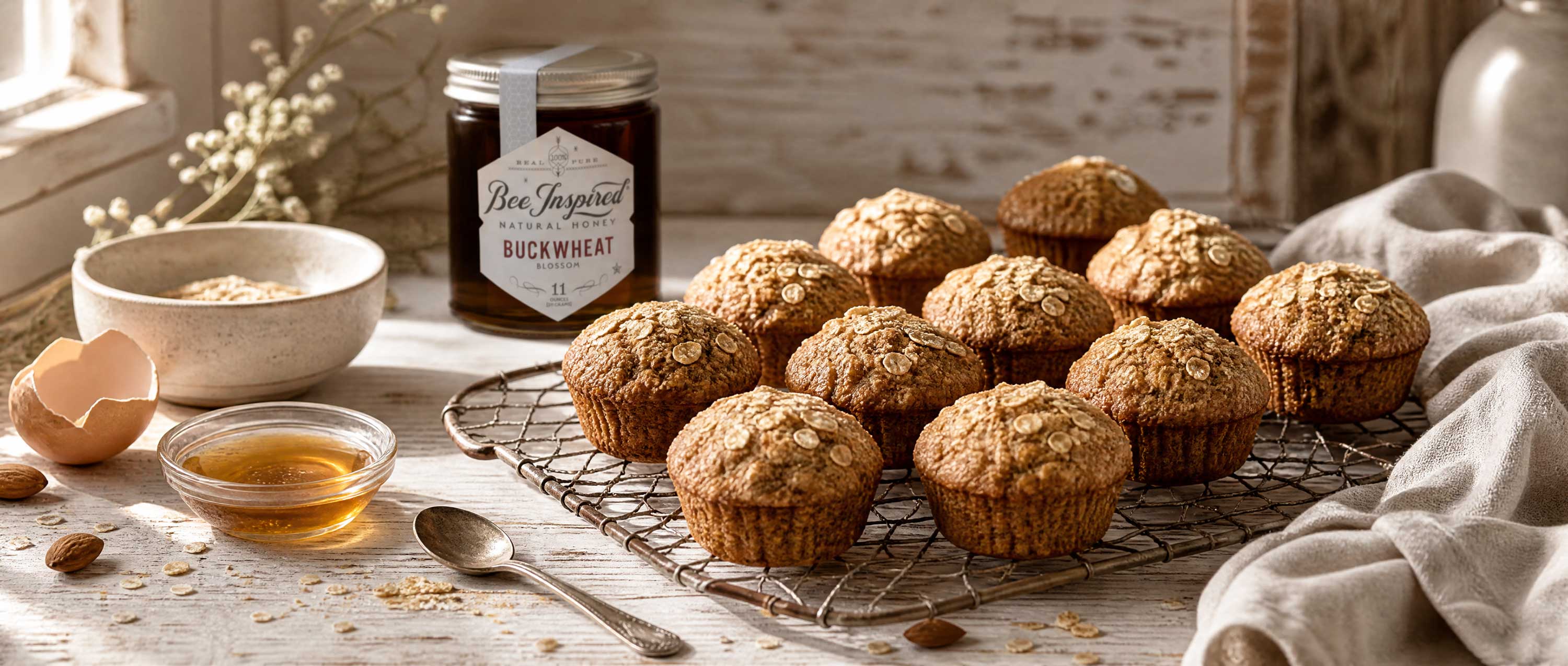 oat bran muffins cooling on rack in kitchen by window on wood counter