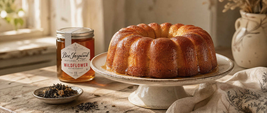 parisian honey rum cake with wildflower honey in kitchen