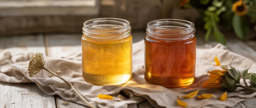 raw vs organic honey on linen on white with flowers