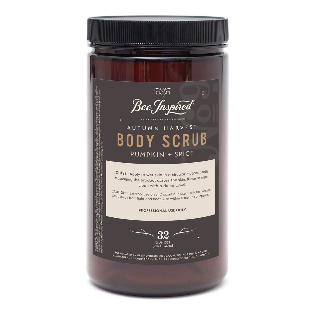 Jar of Bee Inspired Autumn Harvest Body Scrub on a white background
