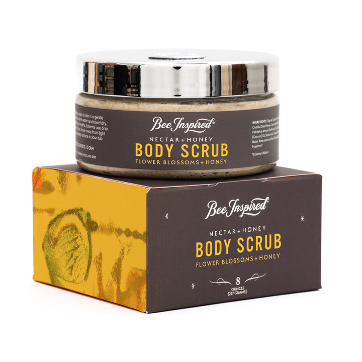 nectar and honey body scrub with box on white