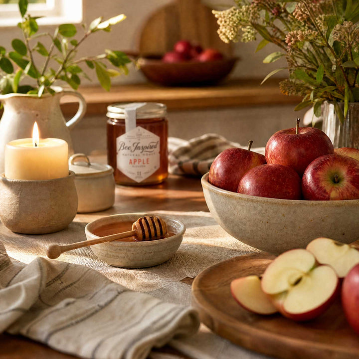 A styled tabletop scene with a jar of honey labeled &