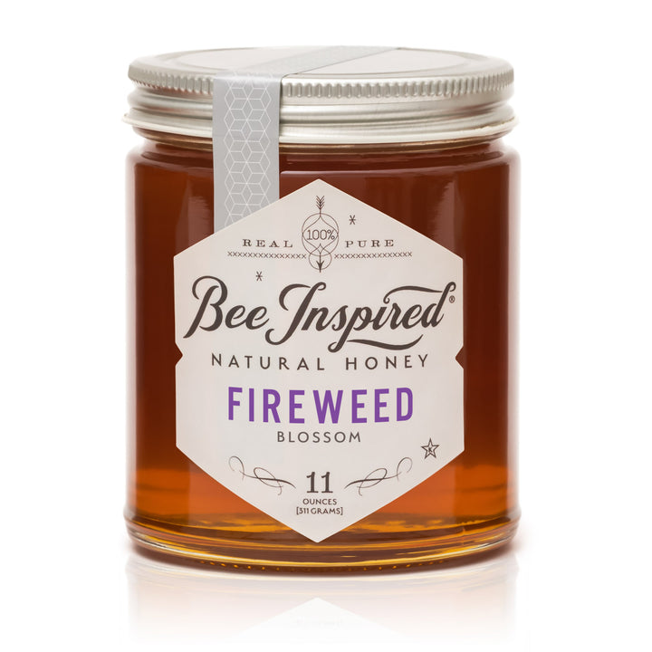 Jar of Bee Inspired Fireweed Blossom honey on a white background