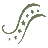 Decorative logo with curved lines and stars in green on a white background