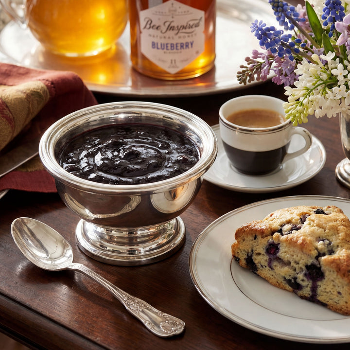 Silver bowl of blueberry jam with a cup of coffee, scone, and flowers on a wooden table.