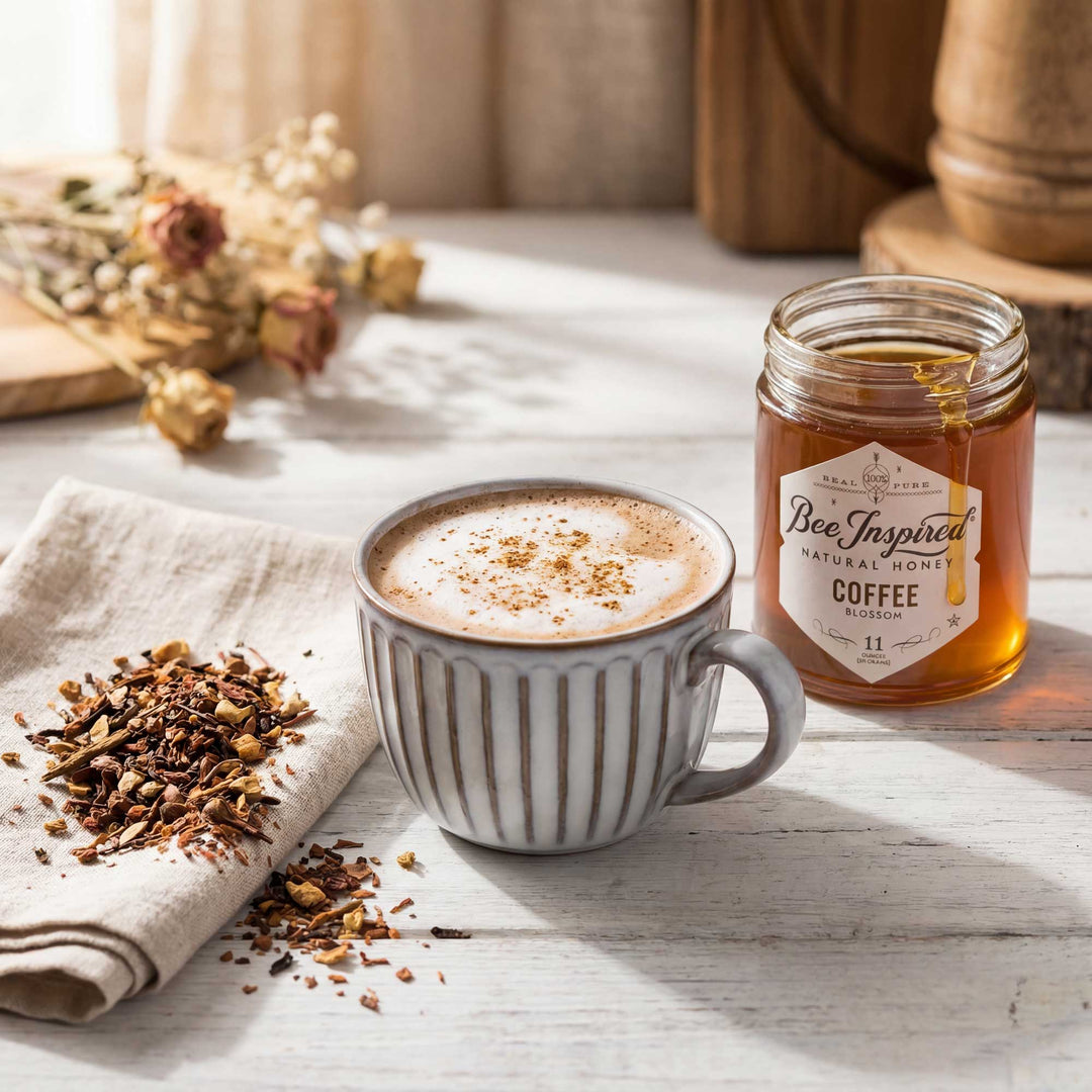 hot cocoa chai and coffee honey in farmhouse kitchen