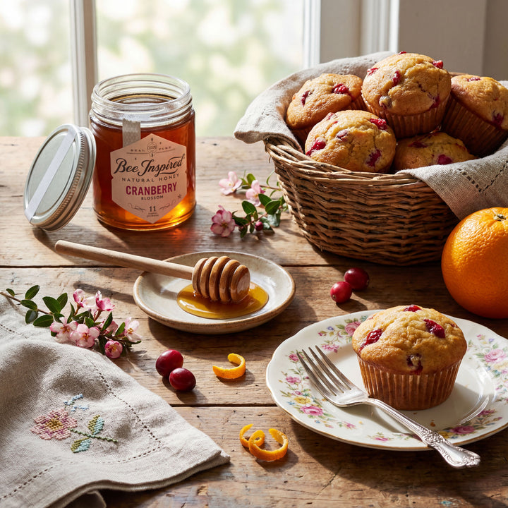 Muffins with cranberries on a plate, jar of honey, and oranges on a wooden table.