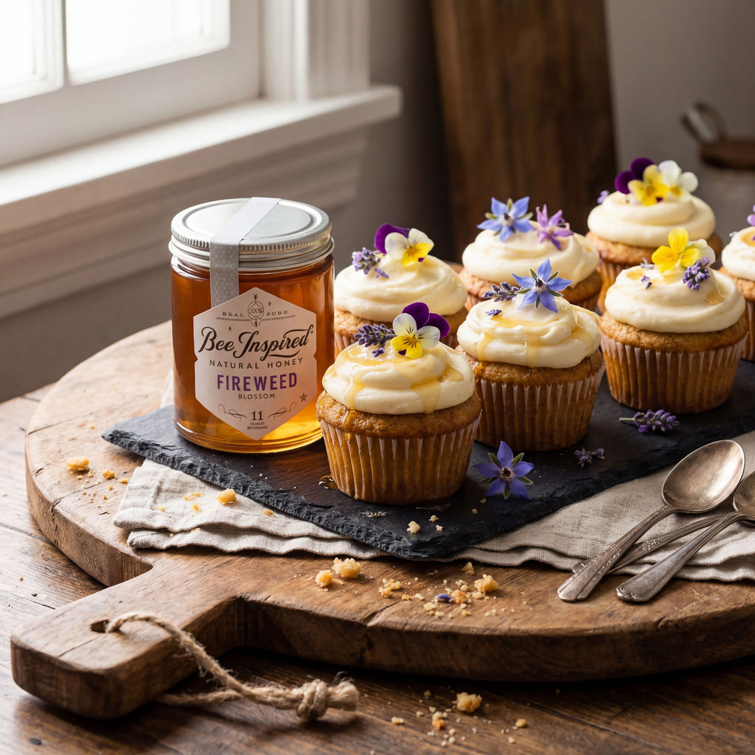 Cupcakes with honeycomb and a jar of honey on a wooden board.