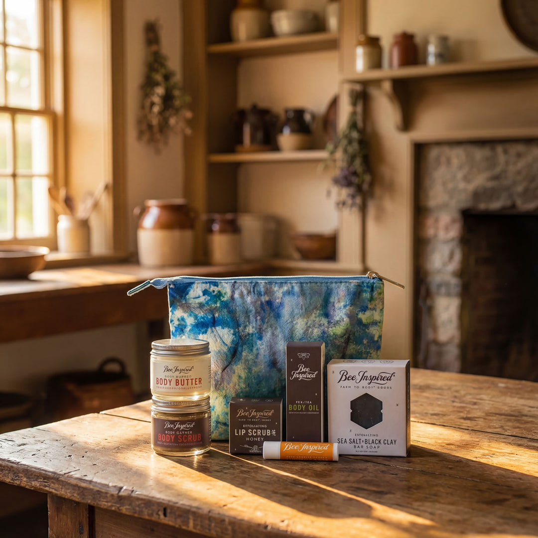 Collection of skincare products on a wooden table with a rustic background