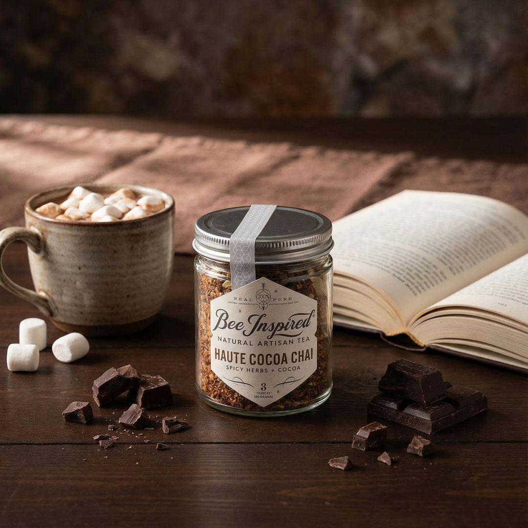 Jar of 'Bee Inspired' haute cocoa chai with a cup of hot chocolate, marshmallows, and chocolate pieces on a wooden surface.
