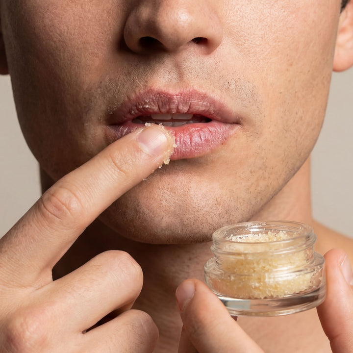 Close-up of a person applying lip balm to their lips with a small container of lip balm.
