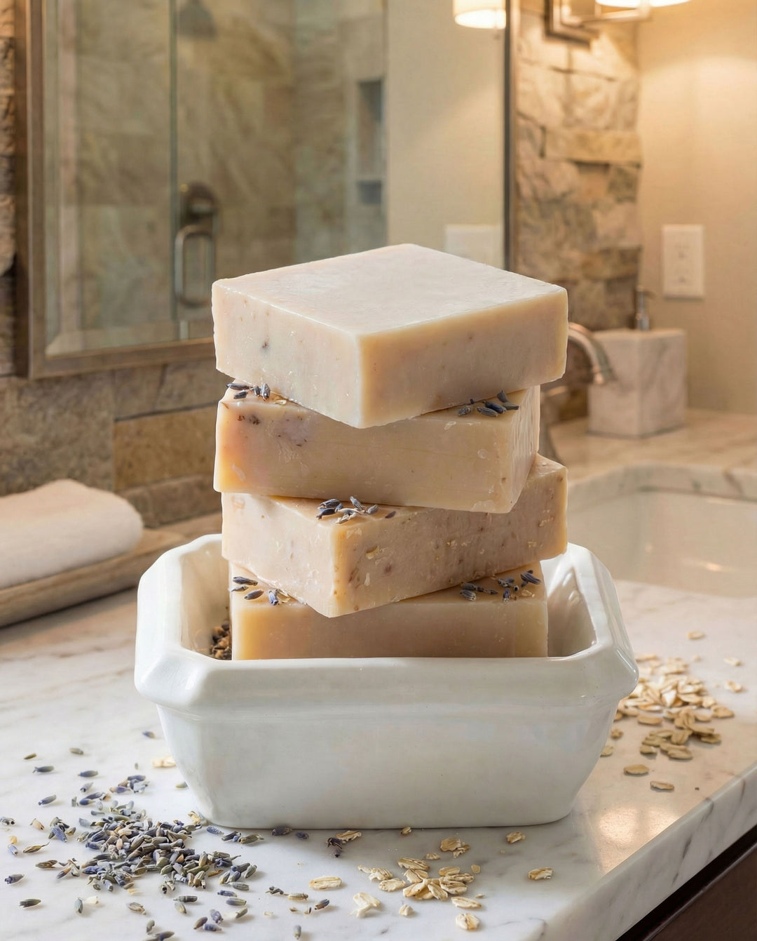 Stack of lavender-scented soap bars in a white dish on a bathroom counter.