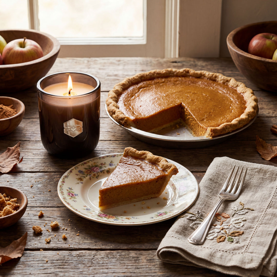 Pumpkin pie with a slice on a plate, lit candle, and fall decor on a wooden table.