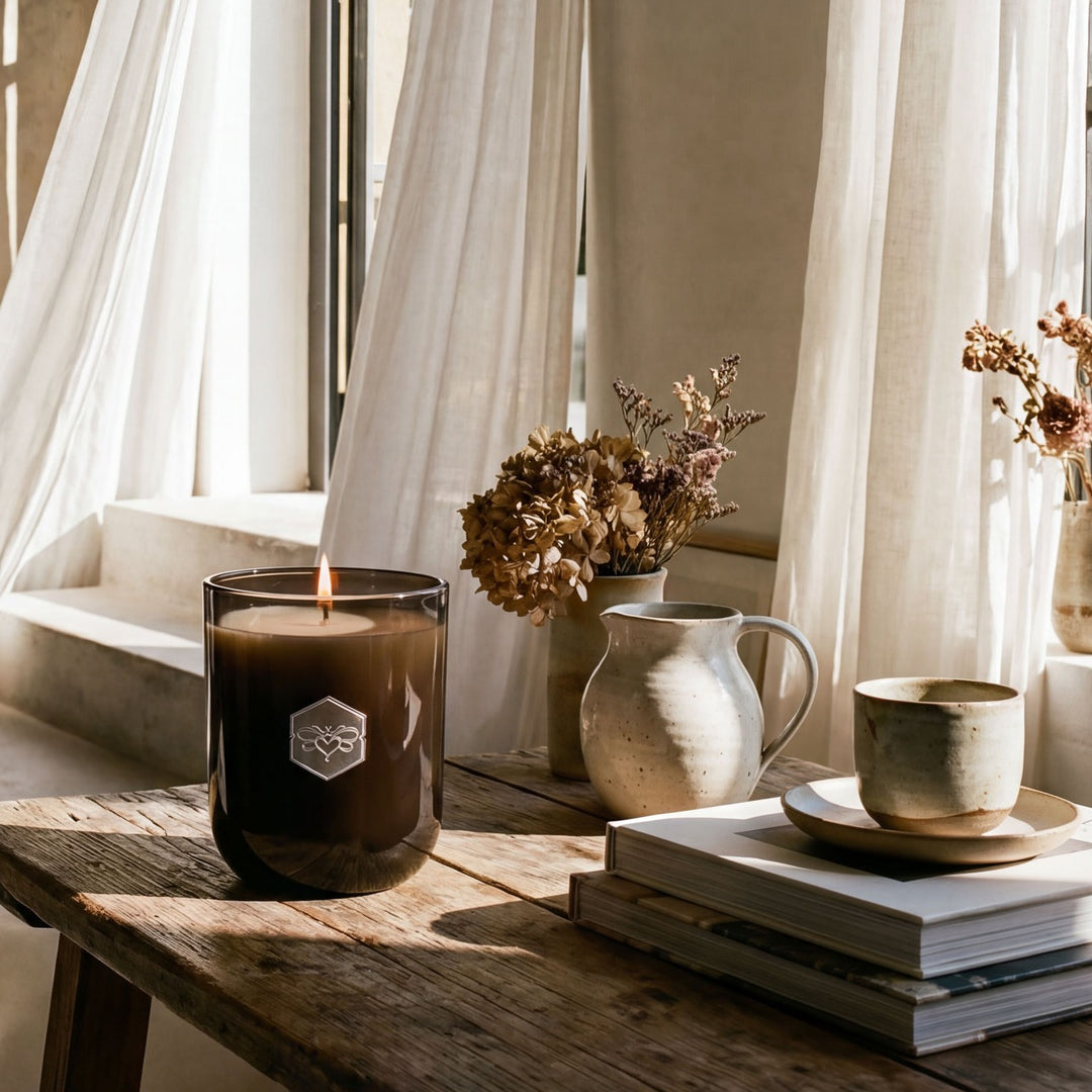 Candle, books, and a cup on a wooden table with a window and curtains in the background