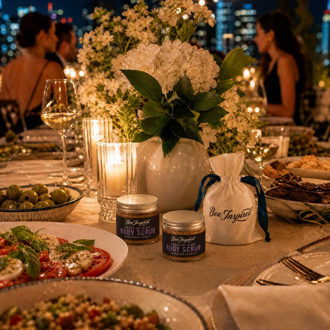 Dinner table with food, candles, and &