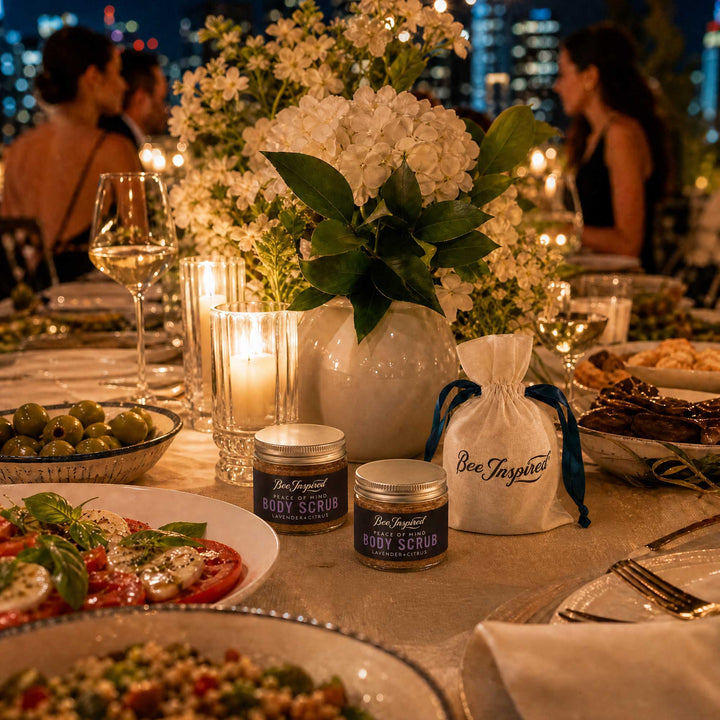 Dinner table with food, candles, and &