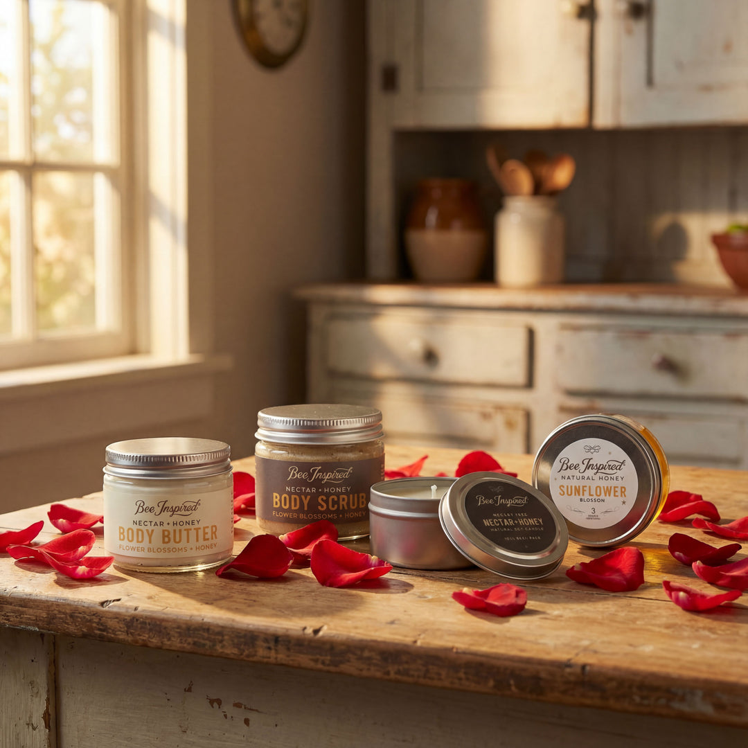 Bee &amp; Tonic skincare products on a wooden surface with red petals