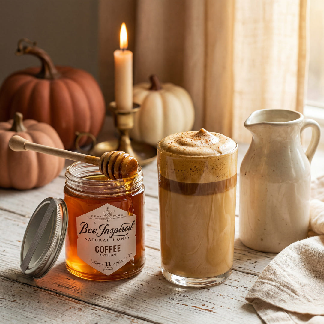 Pumpkin spice whipped coffee next to a jar of Coffee Blossom Honey.