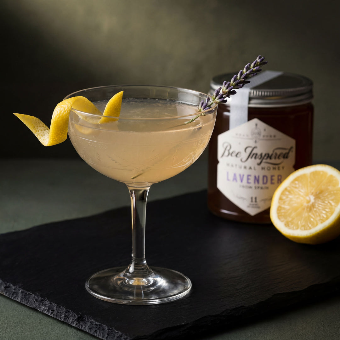Cocktail with lemon and lavender garnish next to a jar of lavender honey on a dark surface.