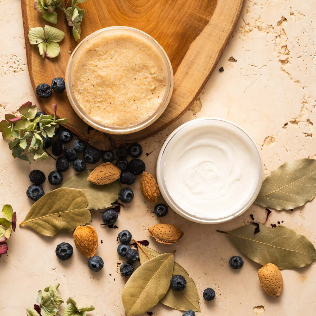 A Place in the Sun butter and scrub open containers aerial view with blueberries 