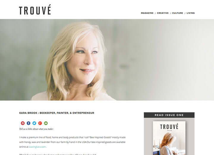 Image of Trouvé article featuring Kara with the title "Kara Brook: Beekeeper, Painter, and Entrepreneur" 