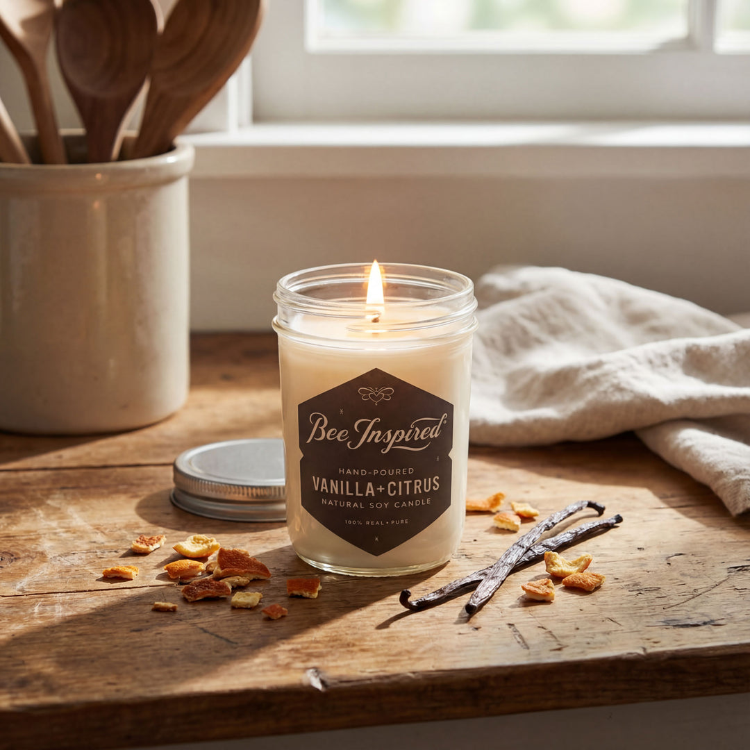 Candle in a jar labeled 'Bee Inspired' on a wooden surface with vanilla beans and citrus rinds.