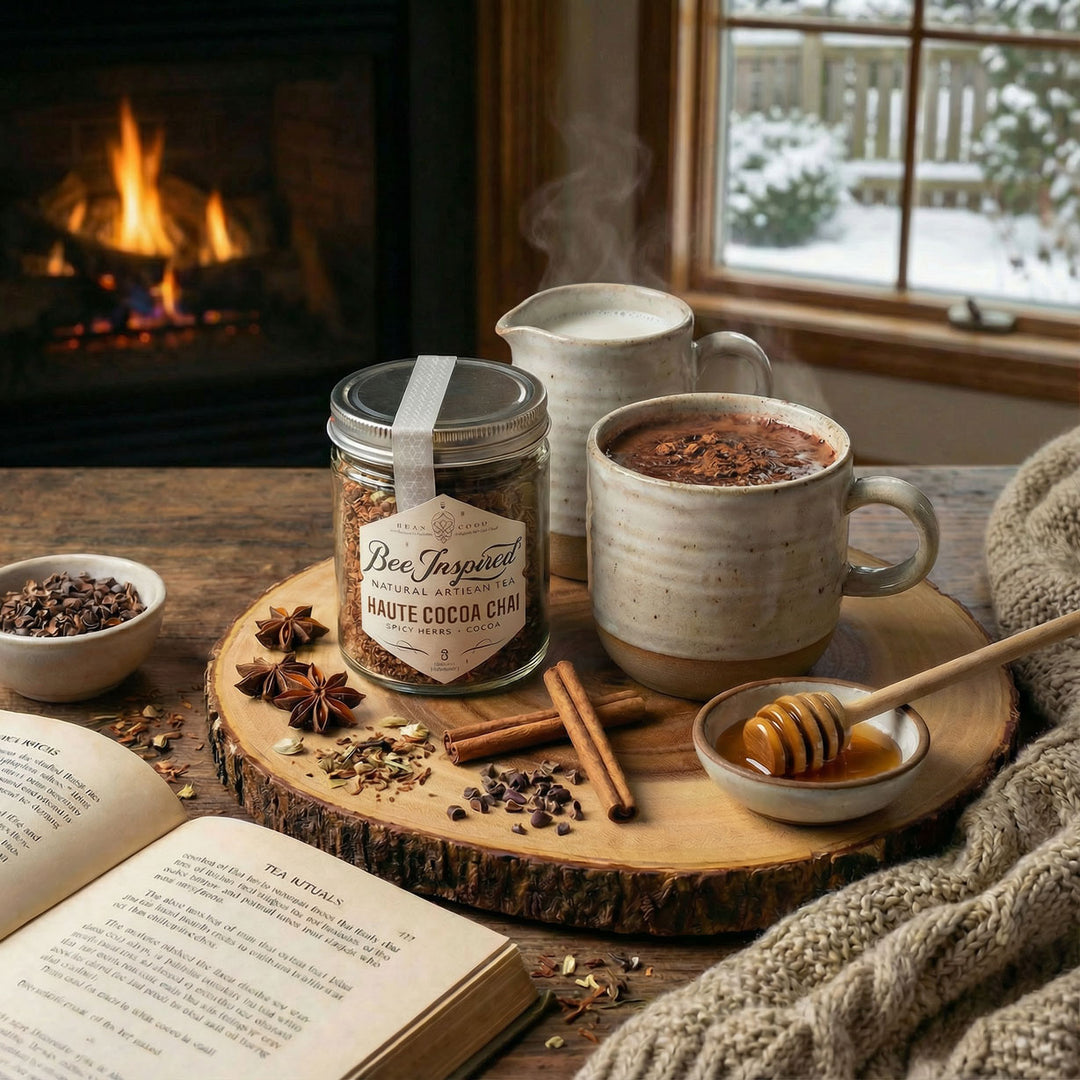 Haute Cocoa Chai Tea setup with a jar of &